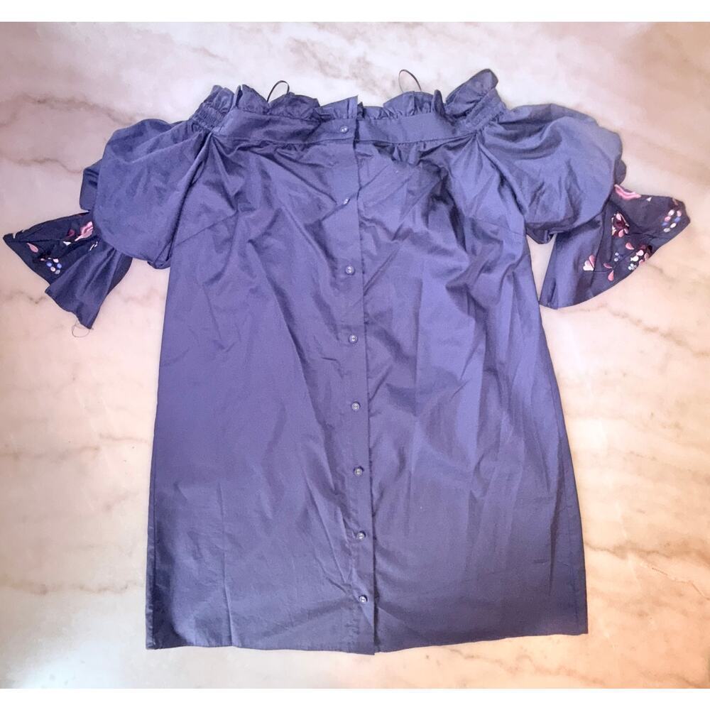 Nwt Parker Off The Shoulder Floral Embroidery Navy Blue Large Mini Dress — image 6 of 8